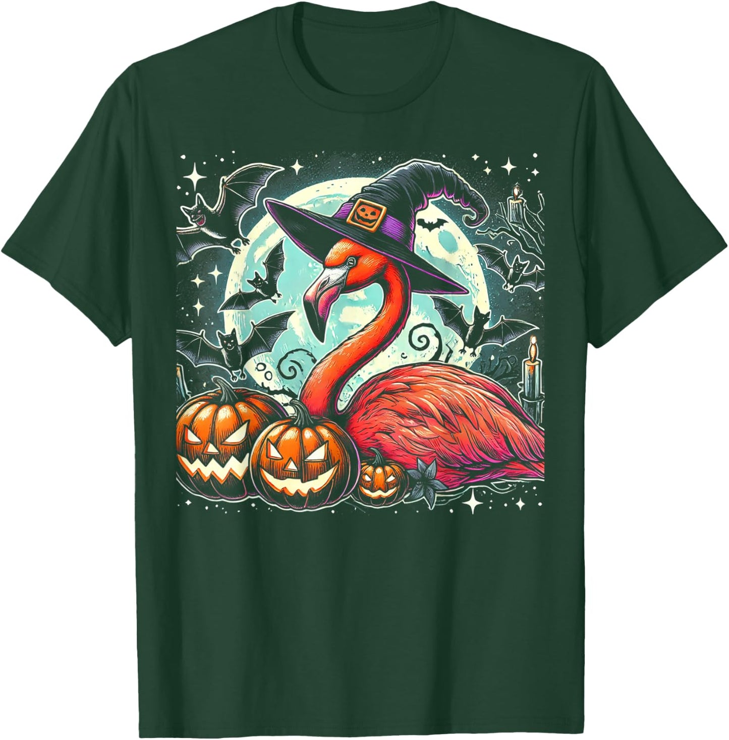 Flamingo Witch Halloween - Spooky Pumpkin Art T-Shirt - T-Shirt | Forest