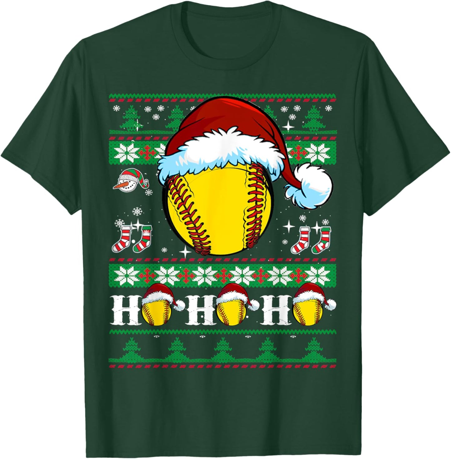 Ugly Christmas Softball Ho Ho Funny Xmas Sports Santa Hat T-Shirt - T-Shirt | Forest