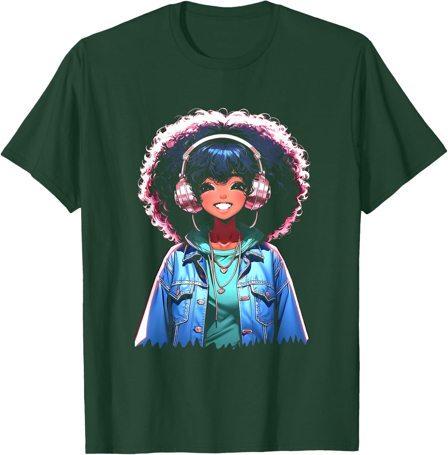 Anime and Music Black Girl Anime Merch Afro African American T-Shirt - T-Shirt | Forest