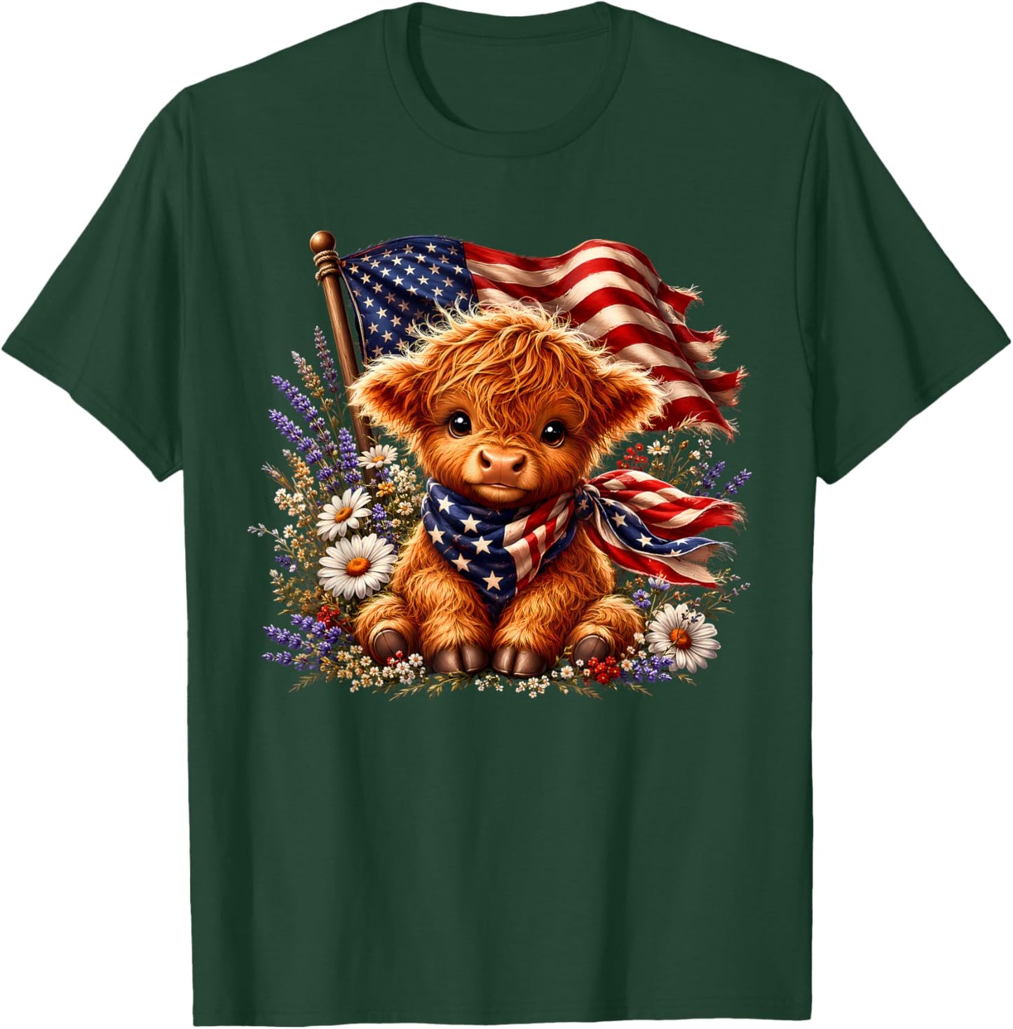 Highland Cow Florals 4th of July American USA Flag Patriotic T-Shirt - T-Shirt | Forest