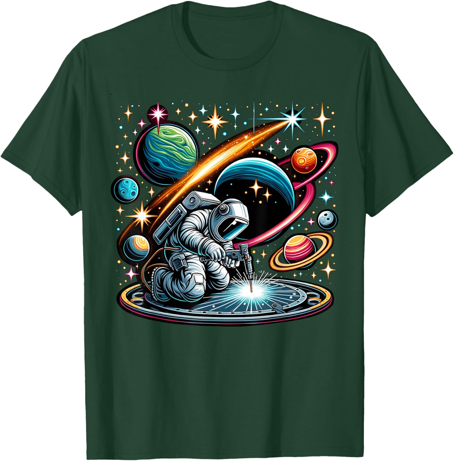 Welder Astronaut Welding metal pieces together T-Shirt - T-Shirt | Forest