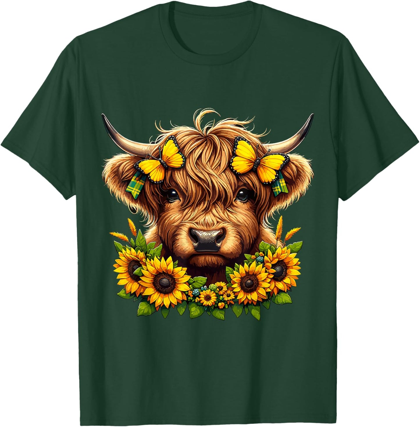 Highland Cow Sunflowers and Butterflies Highland Cattle T-Shirt - T-Shirt | Forest
