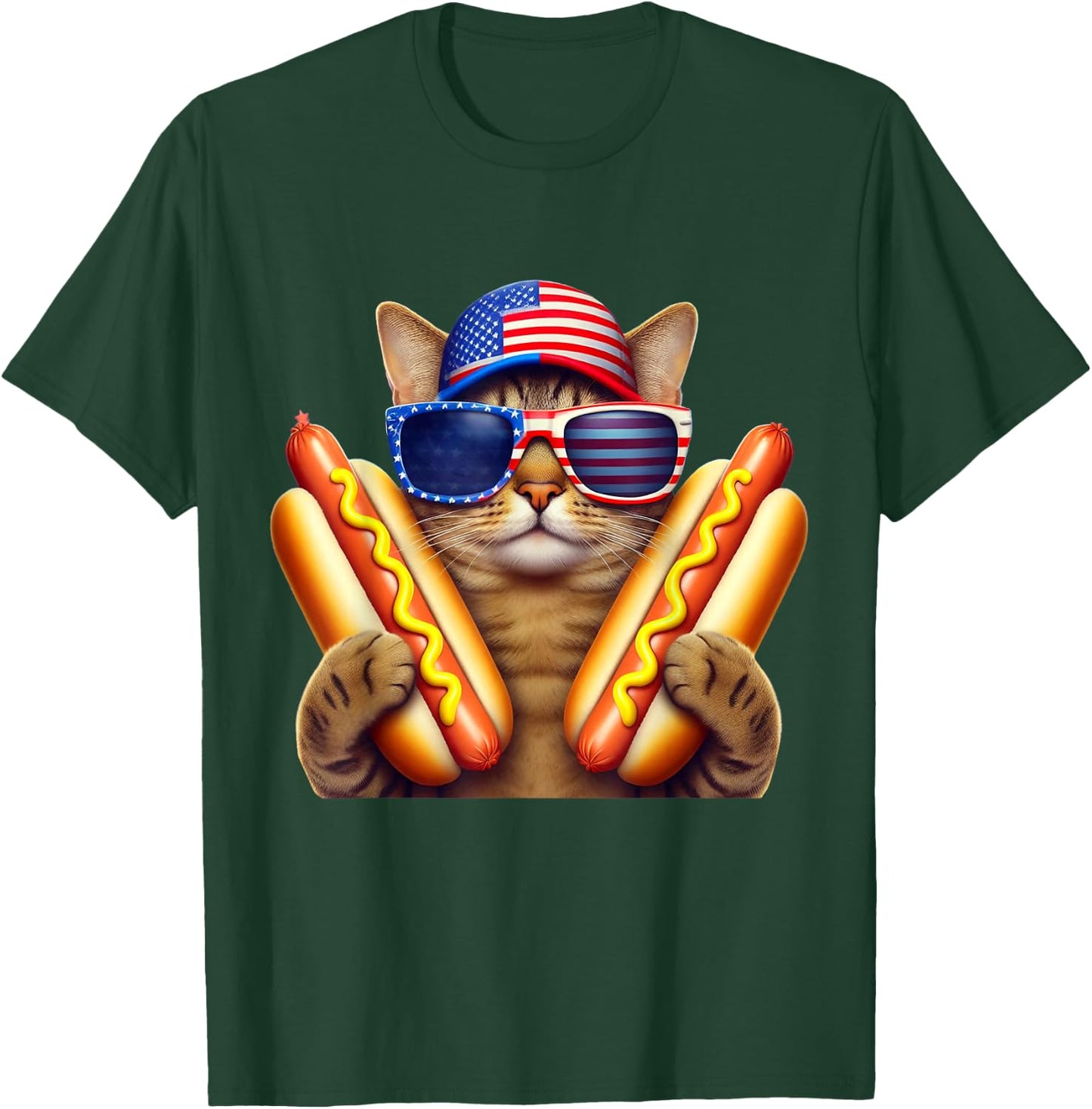 4th of July Hotdog Cat Funny Patriotic Cat USA Flag Wiener T-Shirt - T-Shirt | Forest