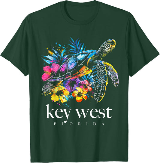 Key West Beach Florida Turtle Flowers Surfer Souvenir T-Shirt - T-Shirt | Forest