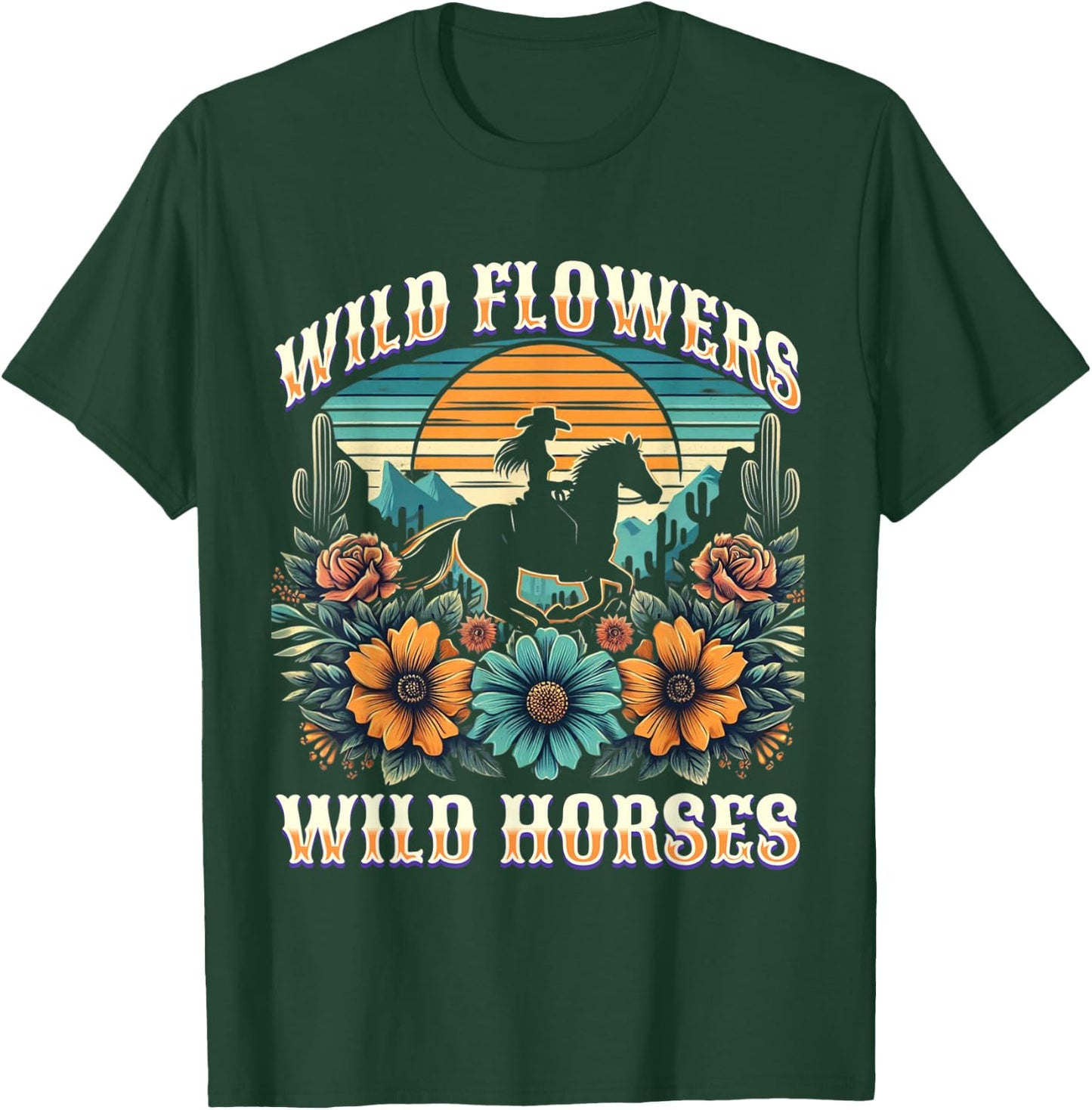 Sunset Cowgirl Riding Horse Wild Flowers - Wild Horses T-Shirt - T-Shirt | Forest