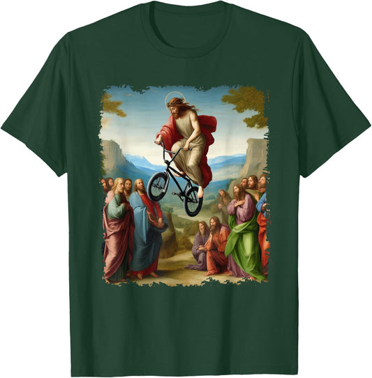 Jesus BMX Bike Stunt Driver Painting Christian BMX Freestyle T-Shirt - T-Shirt | Forest