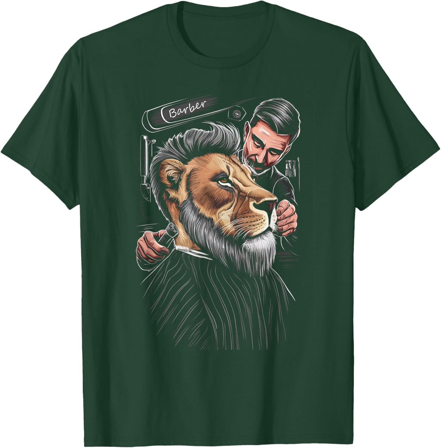 Cool-Looking Lion in a Barber Shop, Having a Haircut Funny T-Shirt - T-Shirt | Forest