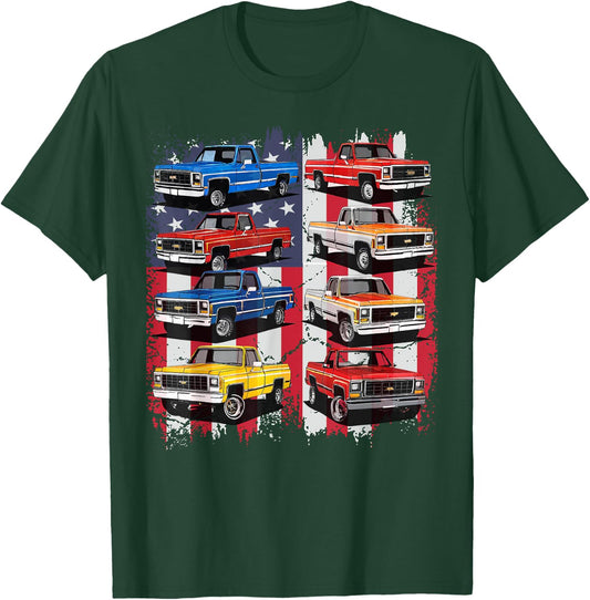 Classic Squarebody Pickup Truck Retro USA Flag Patriotic T-Shirt - T-Shirt | Forest