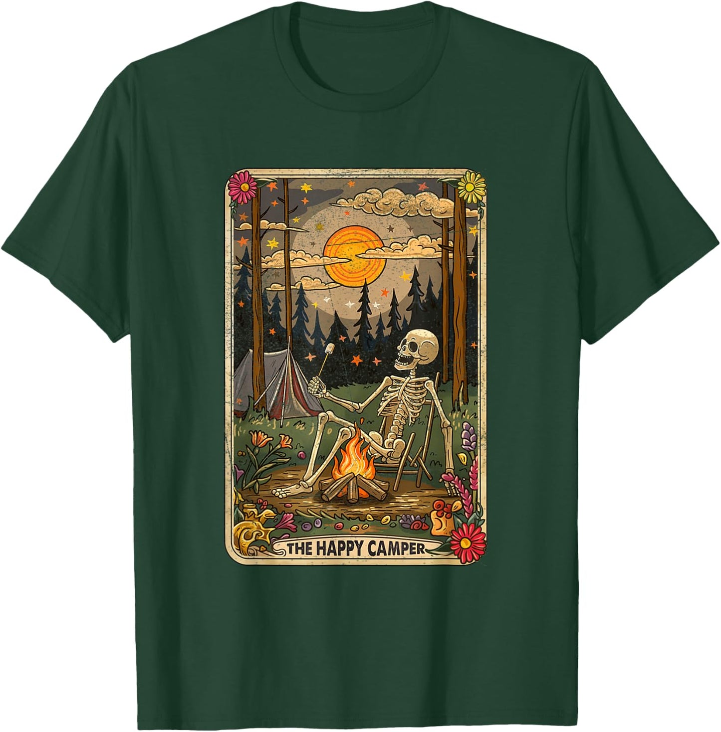 The Happy Camper Cute Skeleton Marshmallow Mystic Tarot Card T-Shirt - T-Shirt | Forest