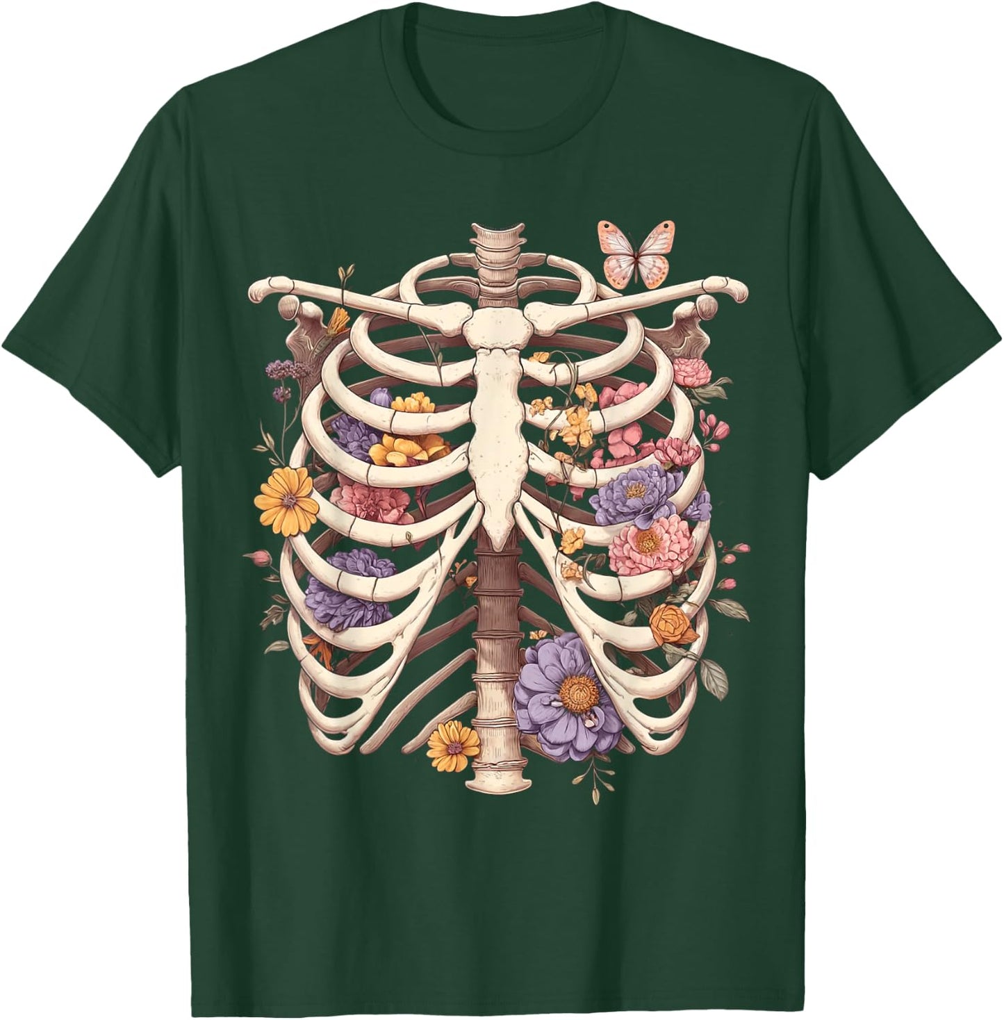 Goth Heart Ribcage with Butterflies and Flowers Skeleton T-Shirt - T-Shirt | Forest