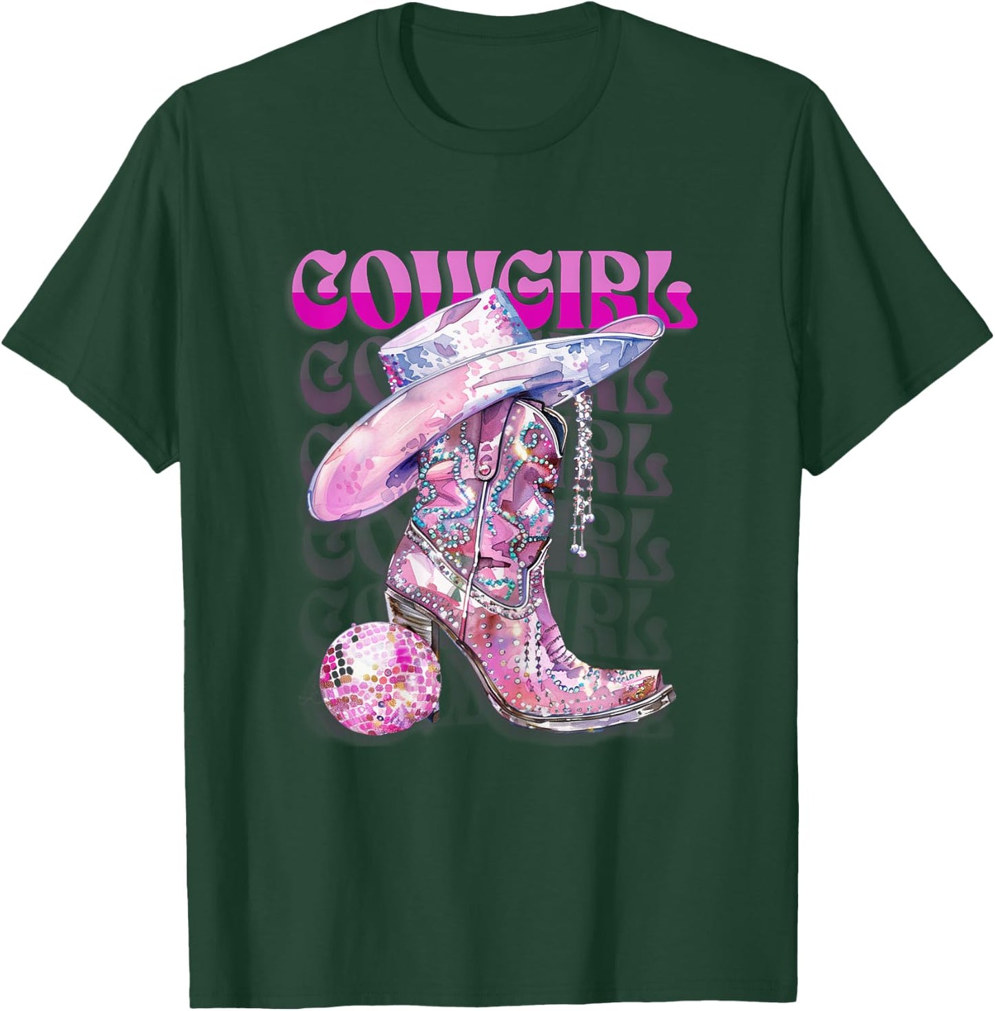 Pink Cowgirl Boots Disco Western Country Cow Girl Coastal T-Shirt - T-Shirt | Forest