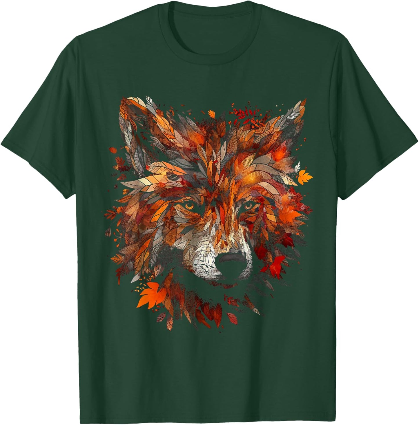 Wolf Autumn Leaves - Animal Art Motif Wolf T-Shirt - T-Shirt | Forest