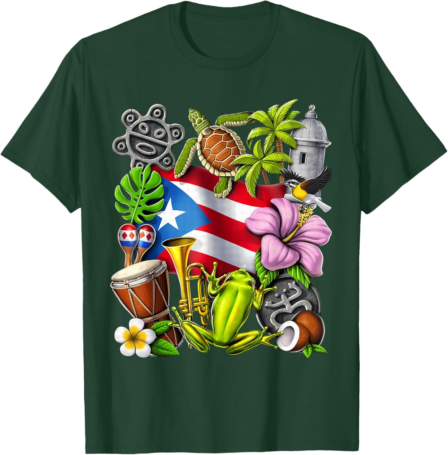 Puerto Rico Boricua Coqui Frog Taino Sun Puerto Rican Flag T-Shirt - T-Shirt | Forest
