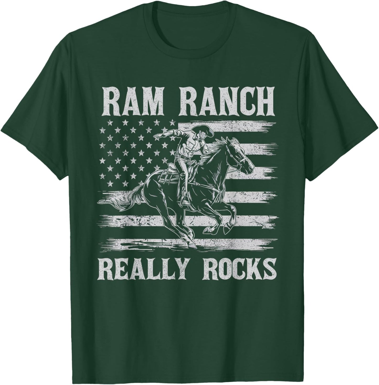 Ram Ranch Really Rocks Cowboy Horseback Vintage USA Flag T-Shirt - T-Shirt | Forest
