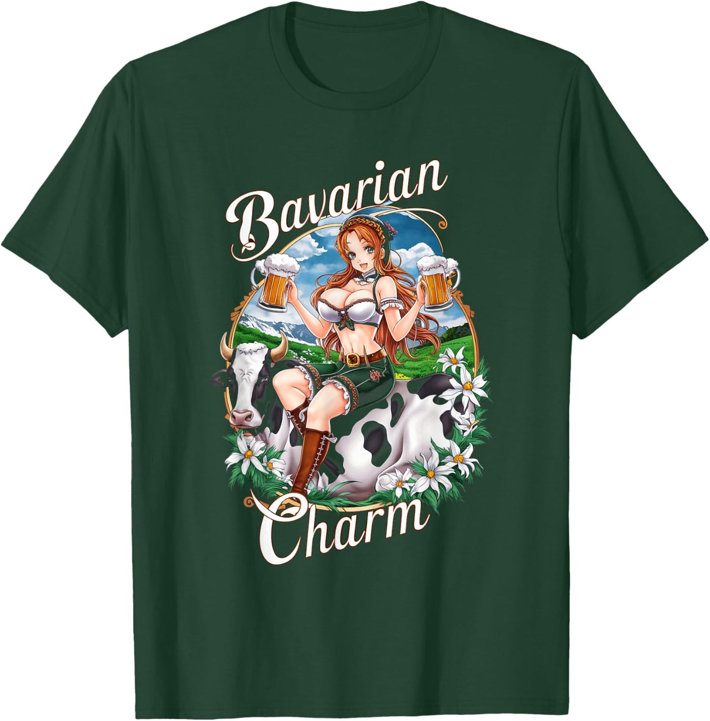 Bavarian Anime Girl with Beer Mugs German Manga T-Shirt - T-Shirt | Forest