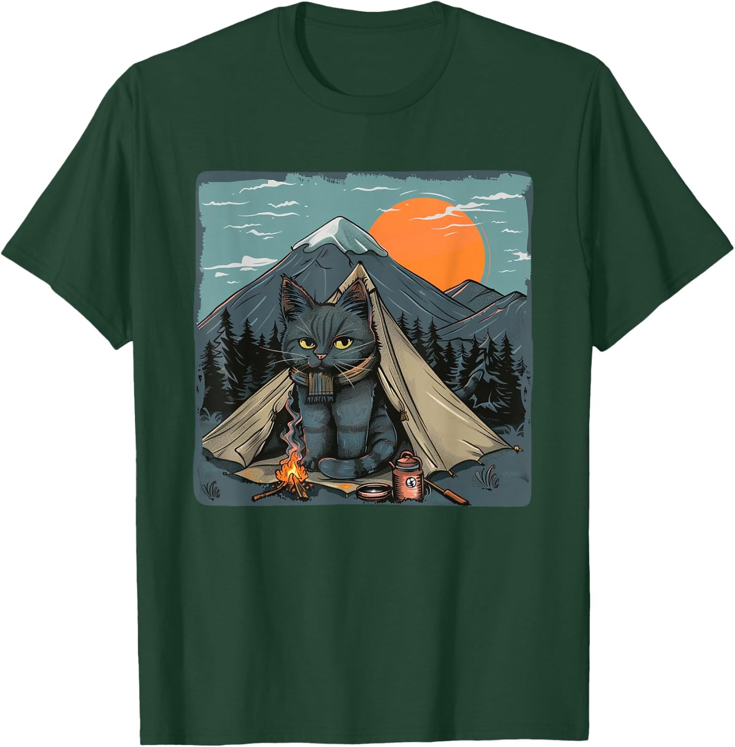 Awesome Nature Camping Cat with nice Mountains and Sunset T-Shirt - T-Shirt | Forest