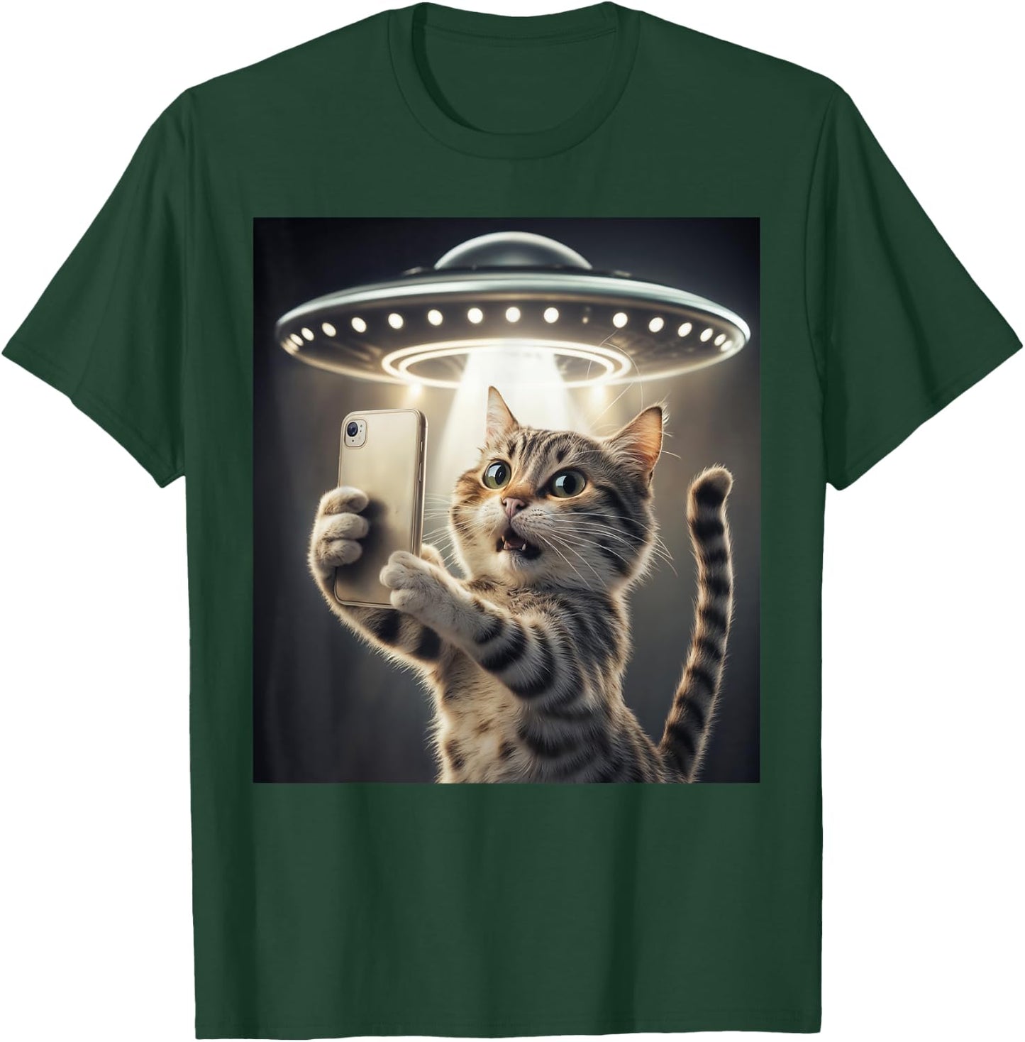 Cat Taking A Selfie With A UFO Cute And Funny T-Shirt - T-Shirt | Forest