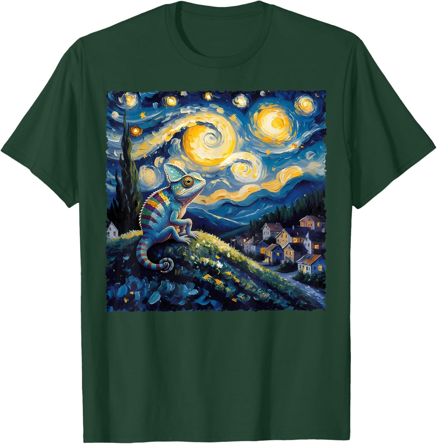 Van Gogh Style Funny Chameleon Lover Starry Night Painting T-Shirt - T-Shirt | Forest