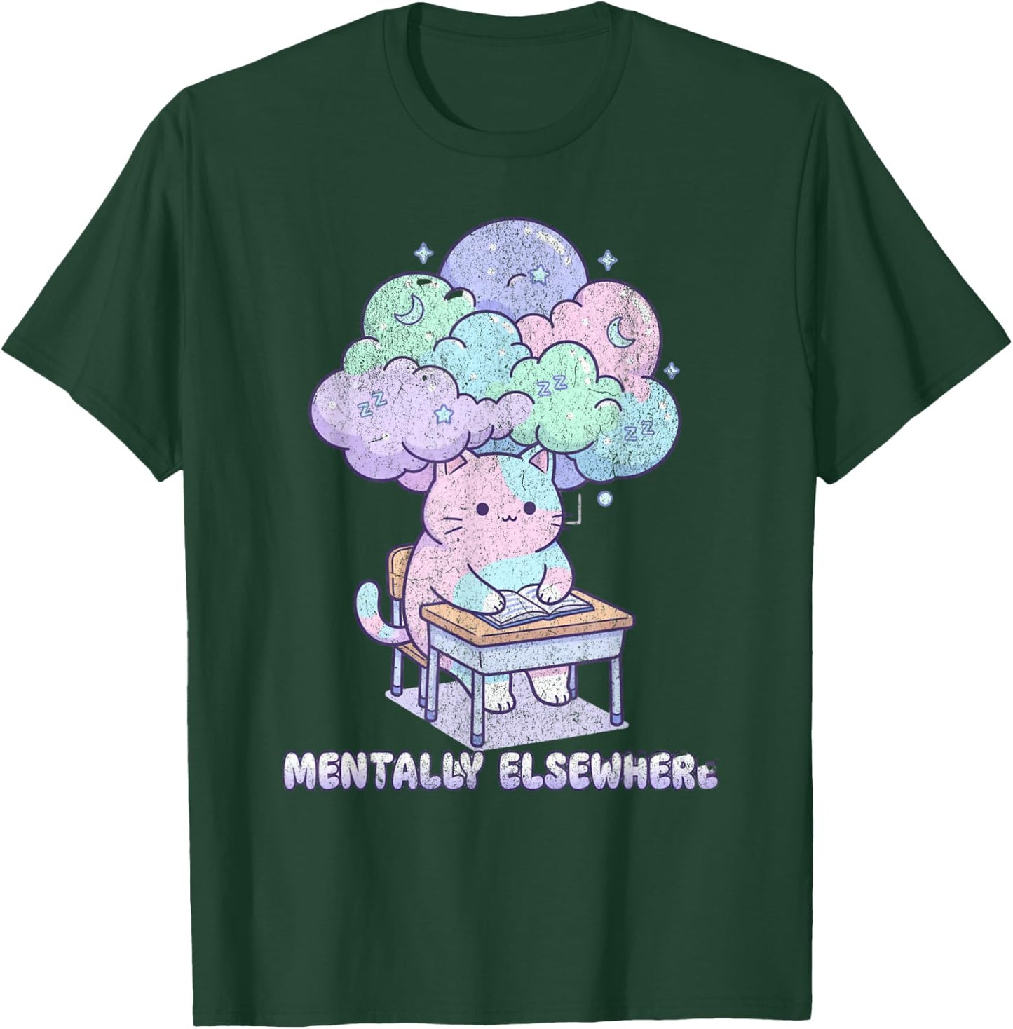 Mentally Elsewhere Cat School Funny Kawaii Dissociation T-Shirt - T-Shirt | Forest