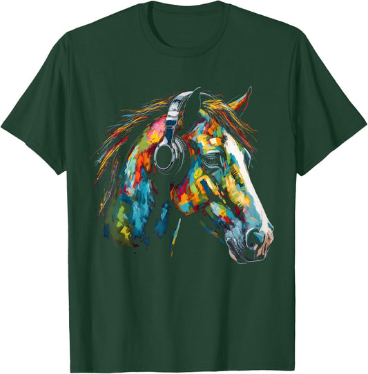 Horse Artwork Colourful Music Animal Headphones Horse T-Shirt - T-Shirt | Forest