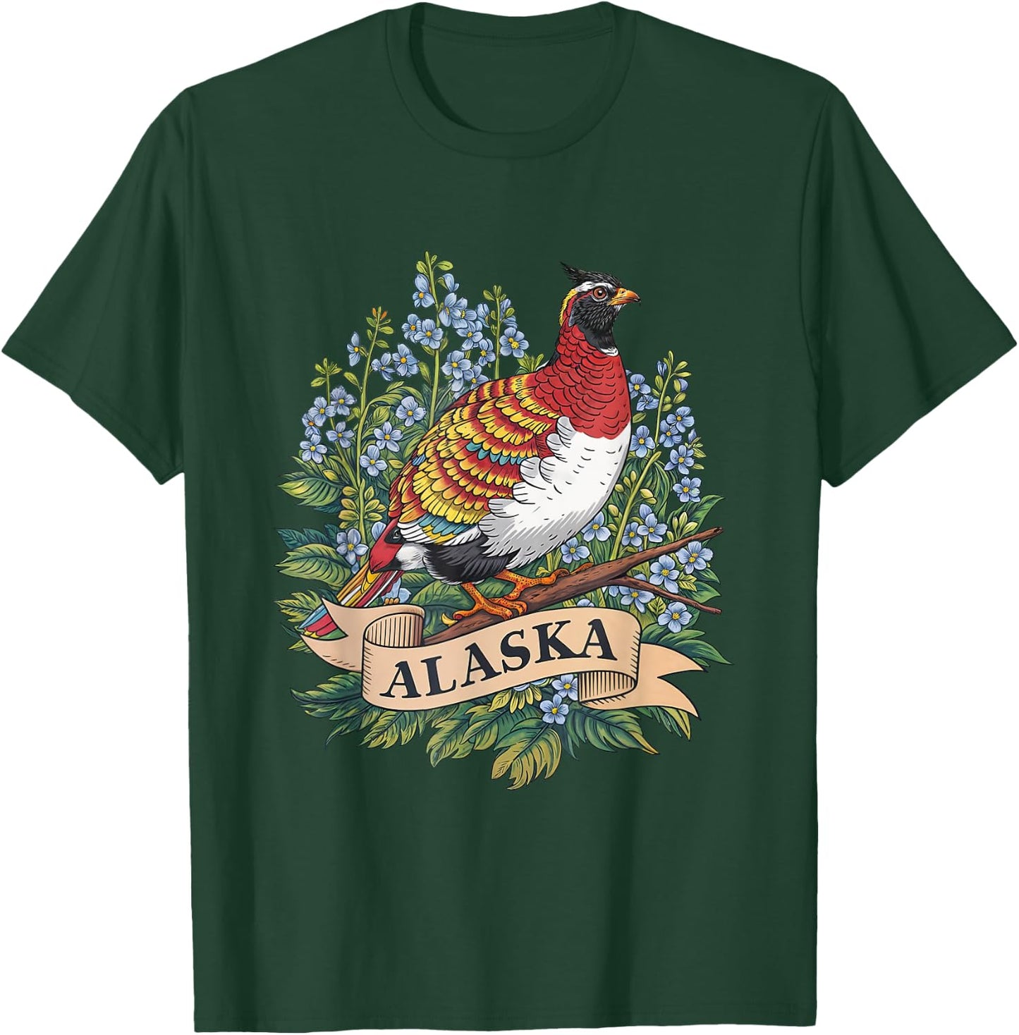 Alaska Willow Ptarmigan Bird and Forget-Me-Not Flower T-Shirt - T-Shirt | Forest