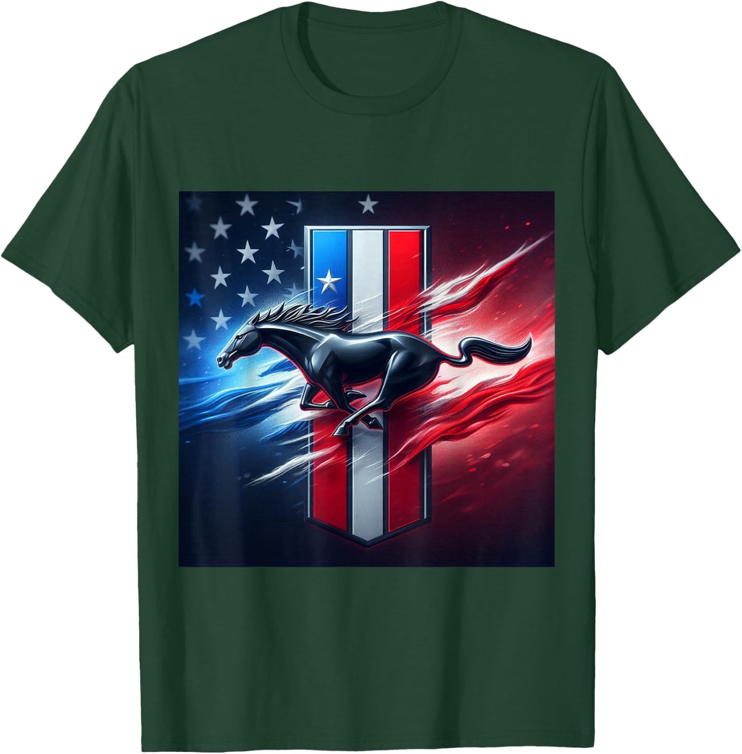 Galloping Mustang on Tri-Bar & Flag Background T-Shirt - T-Shirt | Forest