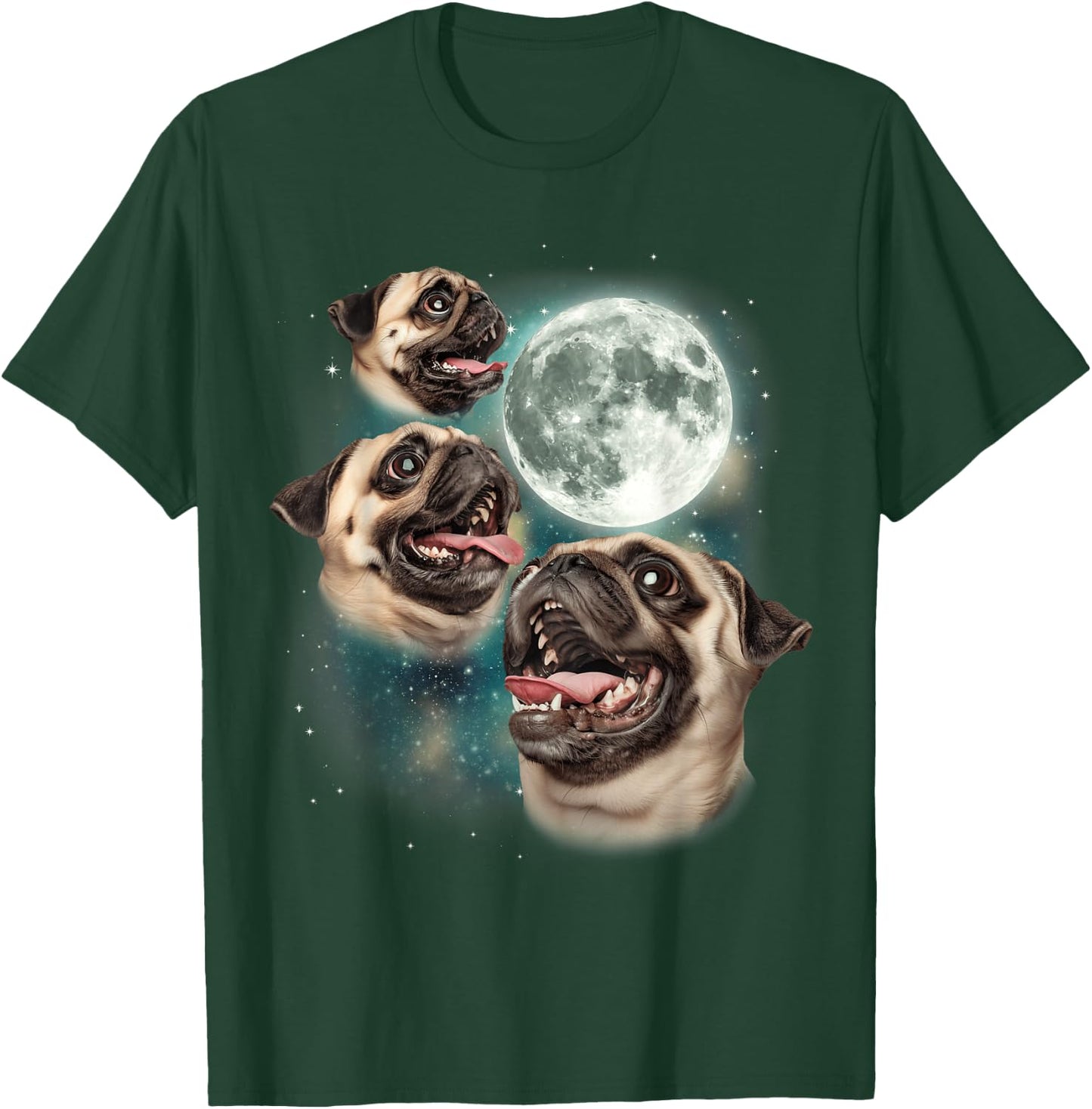 Three Pug Moon | 3 Pug Howling Funny Cute Dog Lover T-Shirt - T-Shirt | Forest