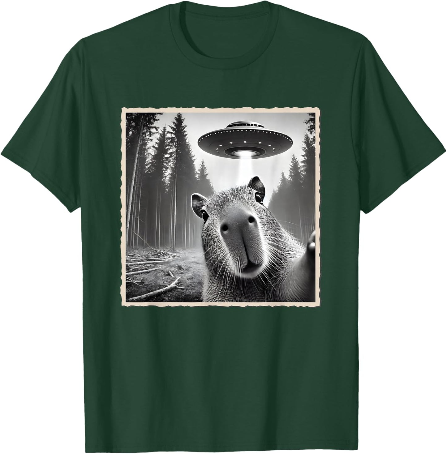 Funny Capybara Selfie With UFO | Capybara T-Shirt - T-Shirt | Forest