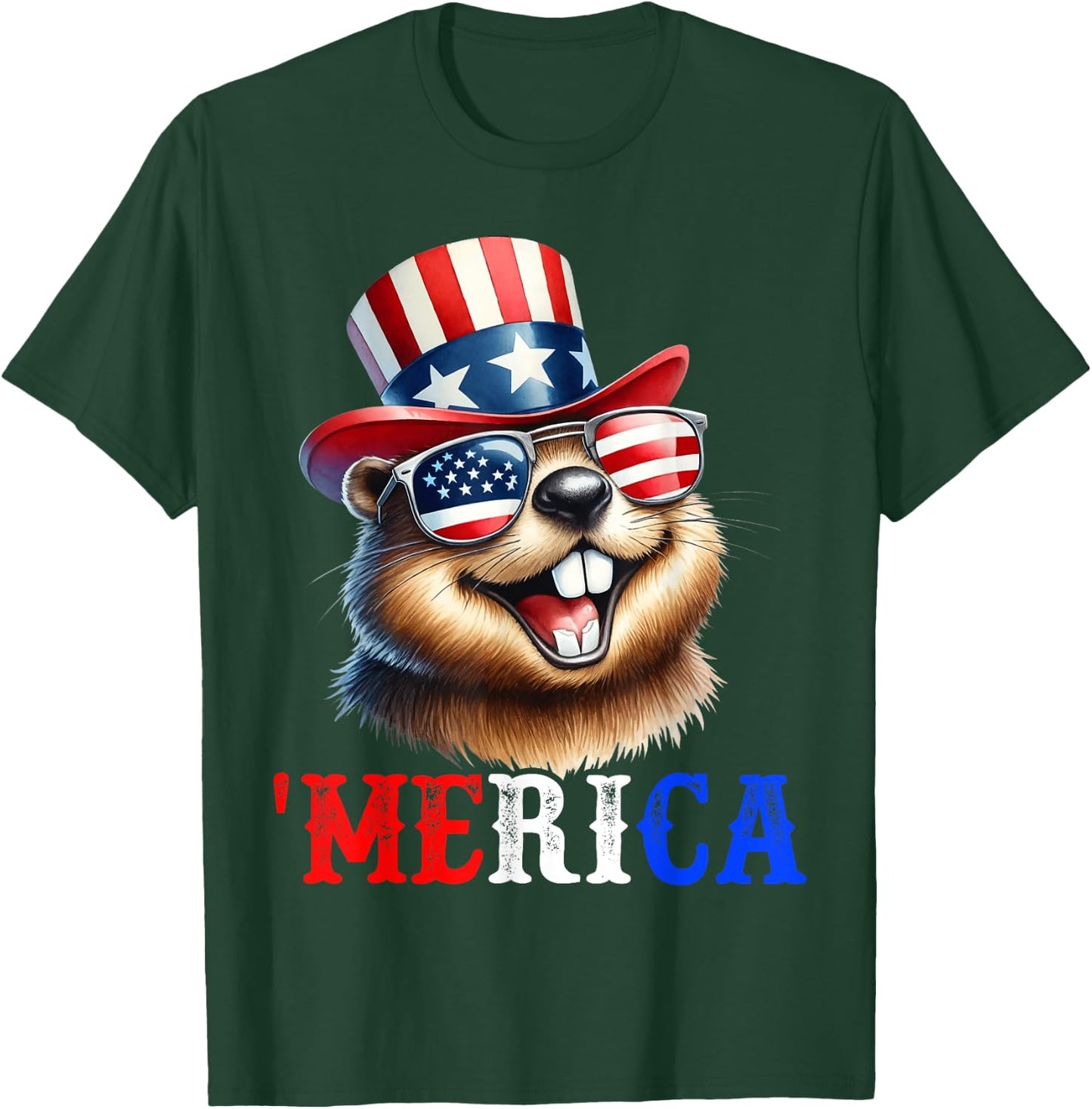Merica North American Beaver Patriotic 4th of July Men Women T-Shirt - T-Shirt | Forest