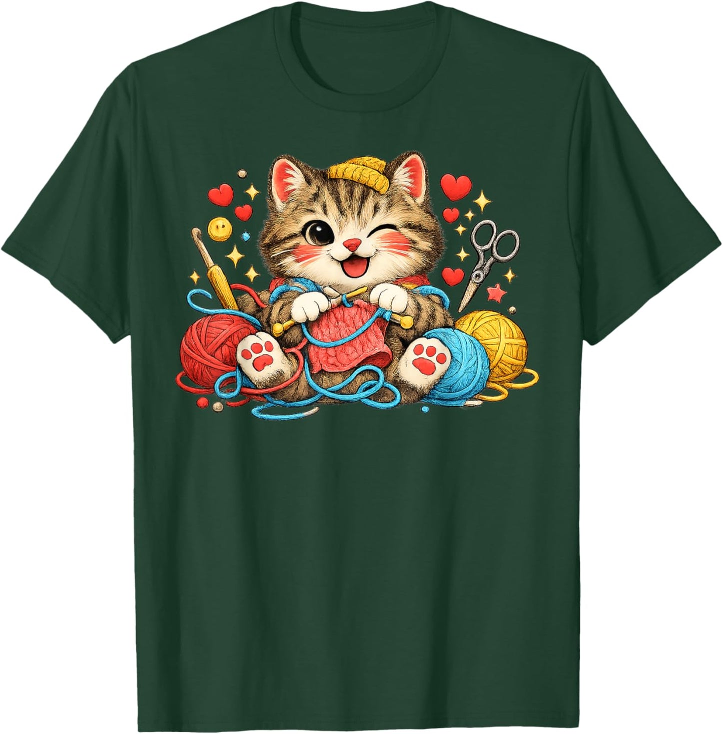 Funny Knitting Cat Crochet Yarn Lover Cute Cat Design T-Shirt - T-Shirt | Forest