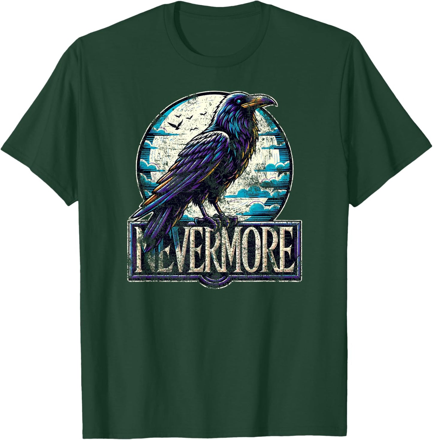 Nevermore with Raven Edgar Allan Poe Distressed T-Shirt - T-Shirt | Forest