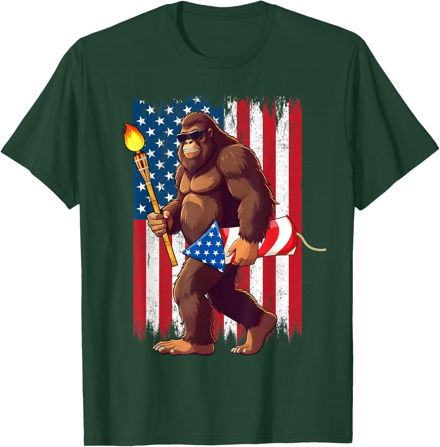 Bigfoot Fireworks 4th of July Sasquatch American US Flag Men T-Shirt - T-Shirt | Forest
