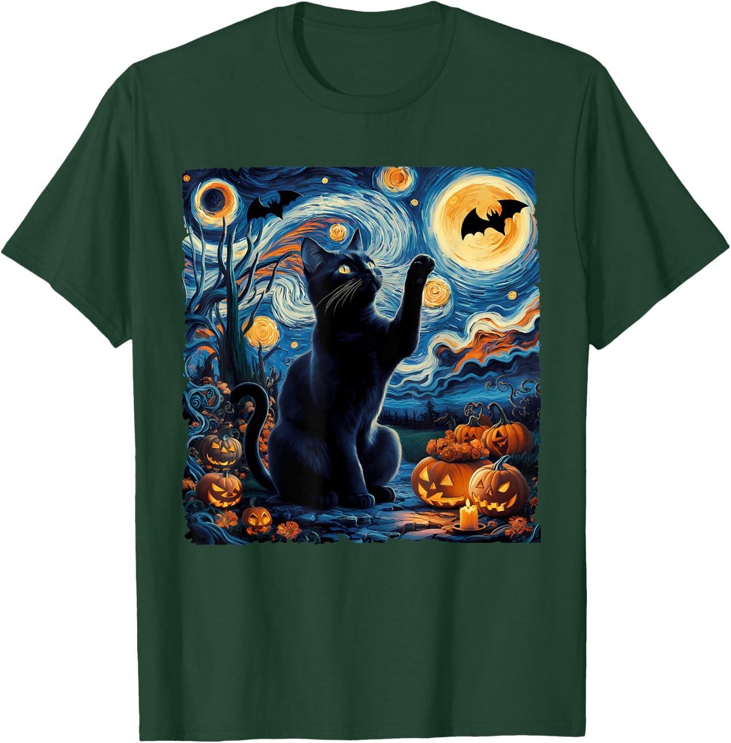 Halloween Van Gogh' Starry Night Black Cat Pumpkins Bats Women Kids T-Shirt - T-Shirt | Forest
