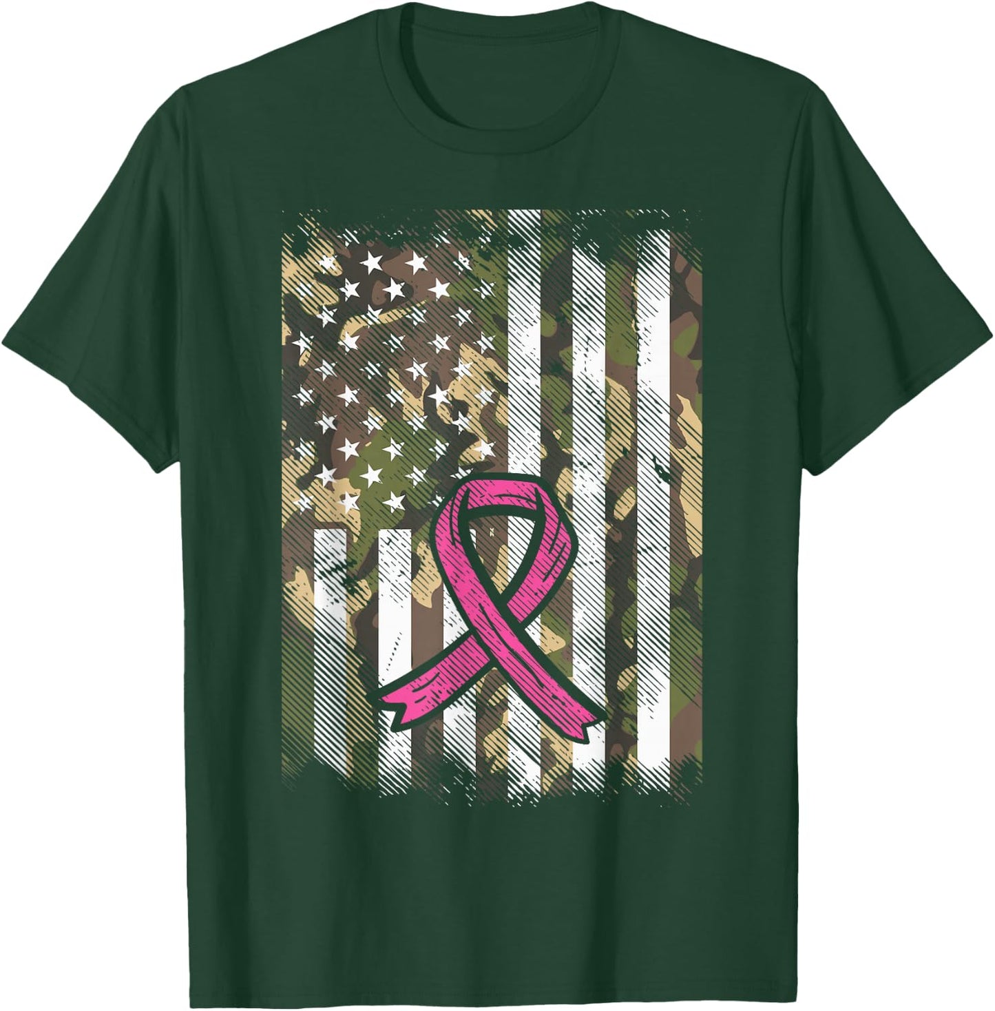 Camo Flag Pink Ribbon Breast Cancer Awareness Patriotic T-Shirt - T-Shirt | Forest