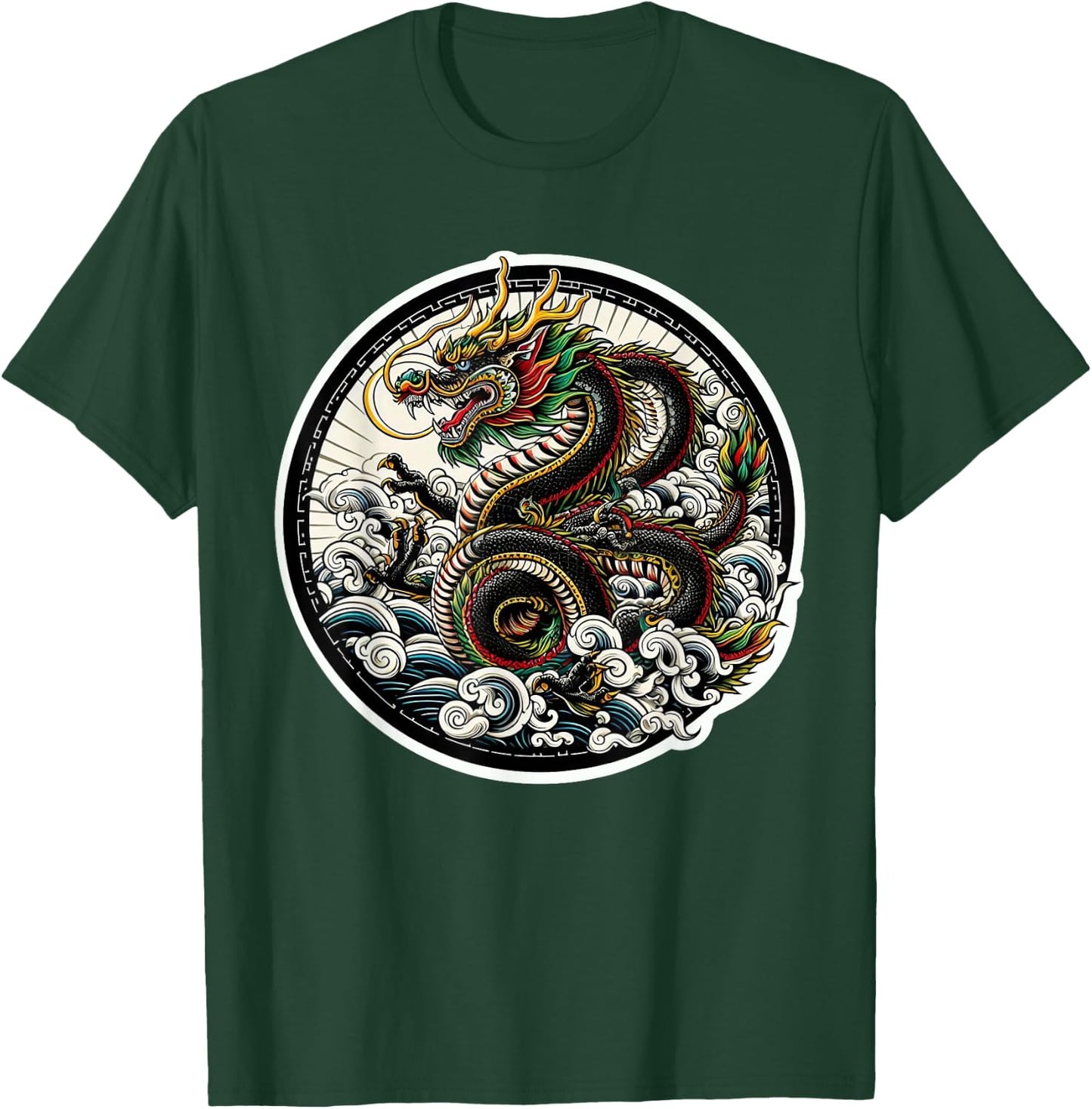 xDevery Asian Dragon Green Lucky Tattoo Design Colourful Vivid , Small, Black T-Shirt - T-Shirt | Forest