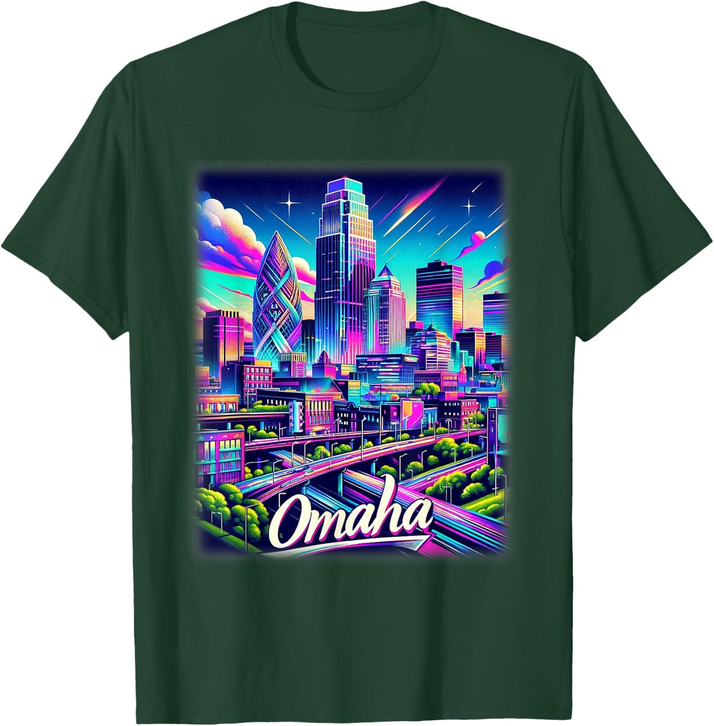 Omaha Nebraska Shirt Family Trip 80s 90s Retro City Skyline T-Shirt - T-Shirt | Forest