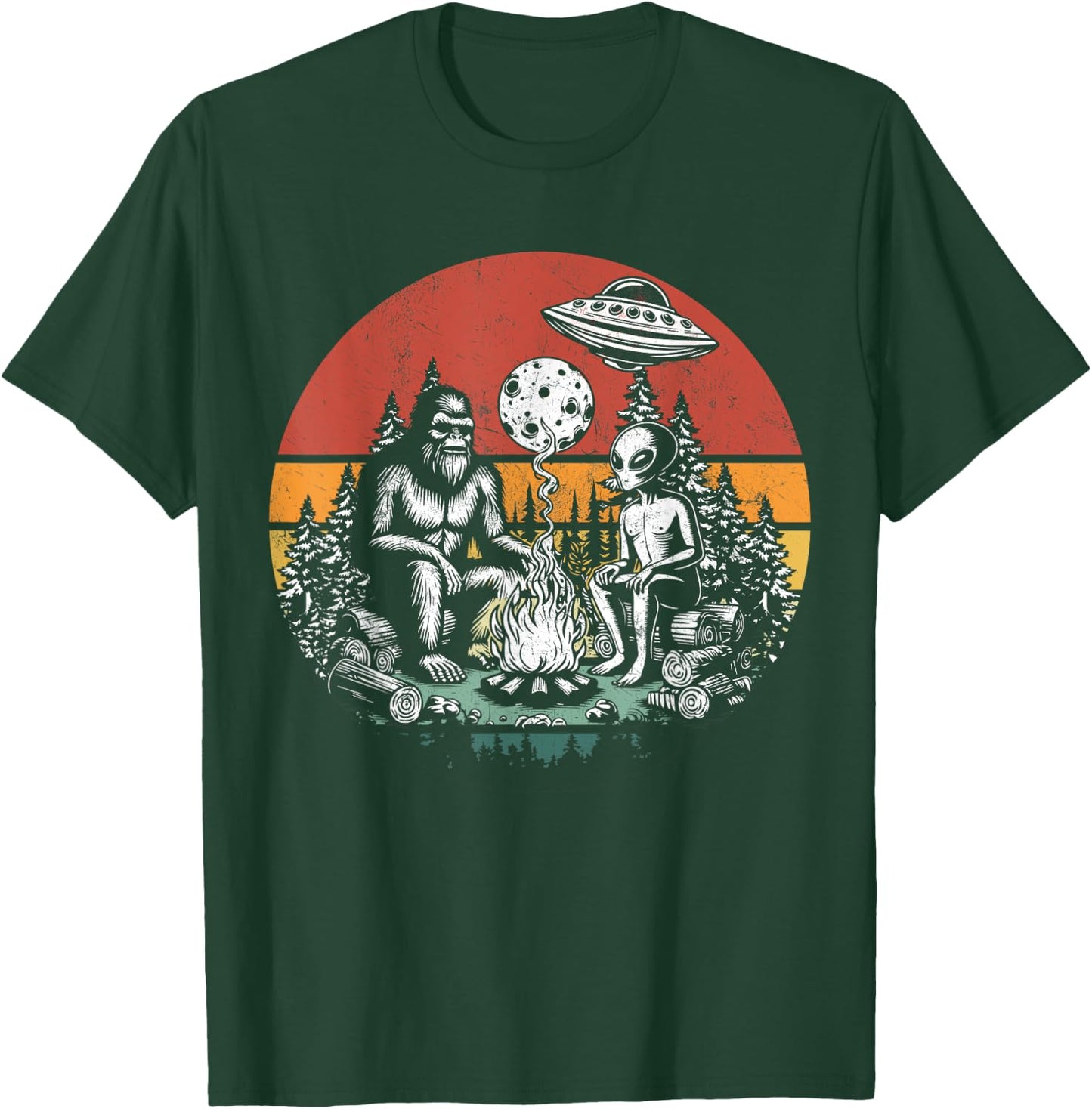 Outdoor Camping UFO Funny Retro Bigfoot And Alien Campfire T-Shirt - T-Shirt | Forest