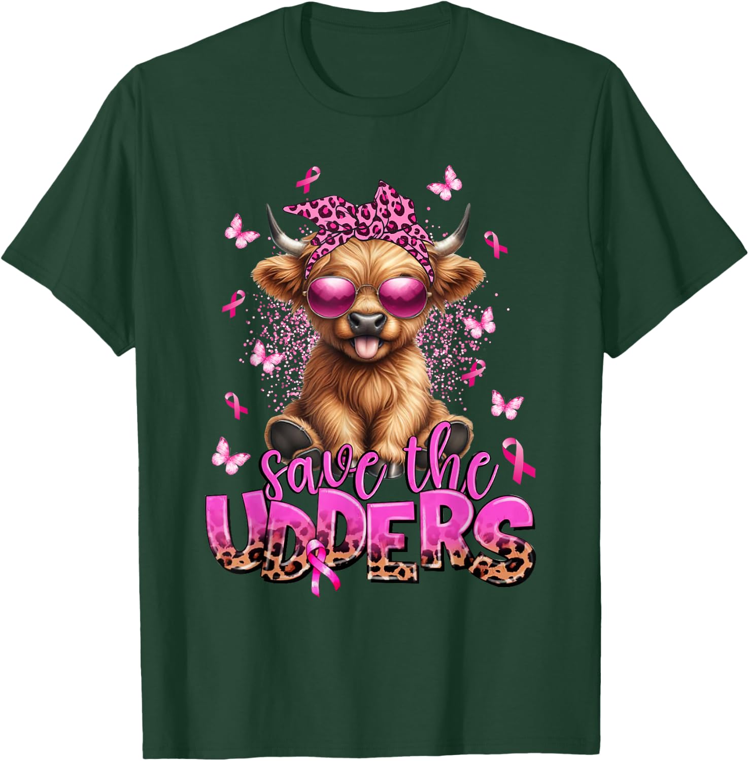Save The Udders Breast Cancer Awareness Warrior Highland Cow T-Shirt - T-Shirt | Forest