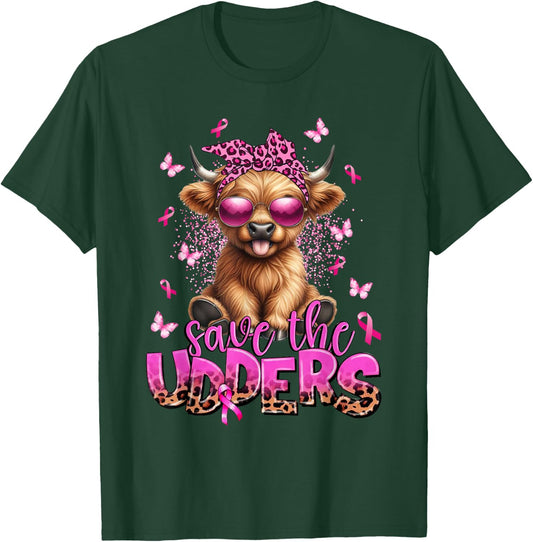 Save The Udders Breast Cancer Awareness Warrior Highland Cow T-Shirt - T-Shirt | Forest