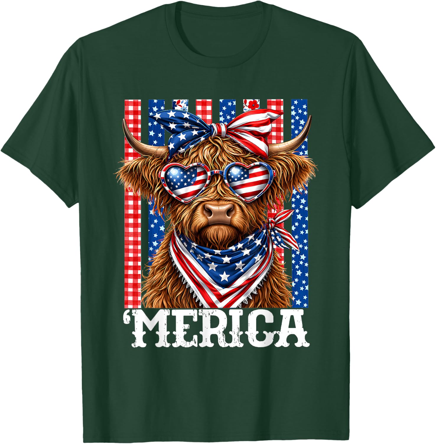 'Merica Highland Cow 4th of July Red White Blue Western Cow T-Shirt - T-Shirt | Forest