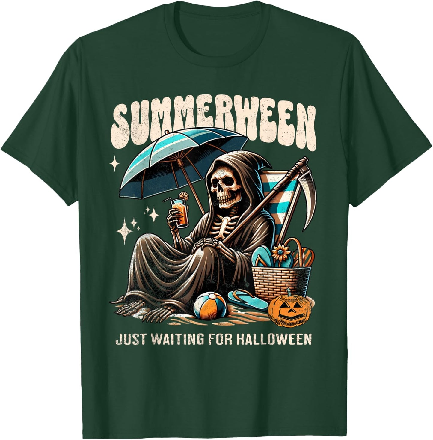 Summerween Grim Reaper Skeleton Summer Vibes Halloween Ghost Men Women Kids T-Shirt - T-Shirt | Forest