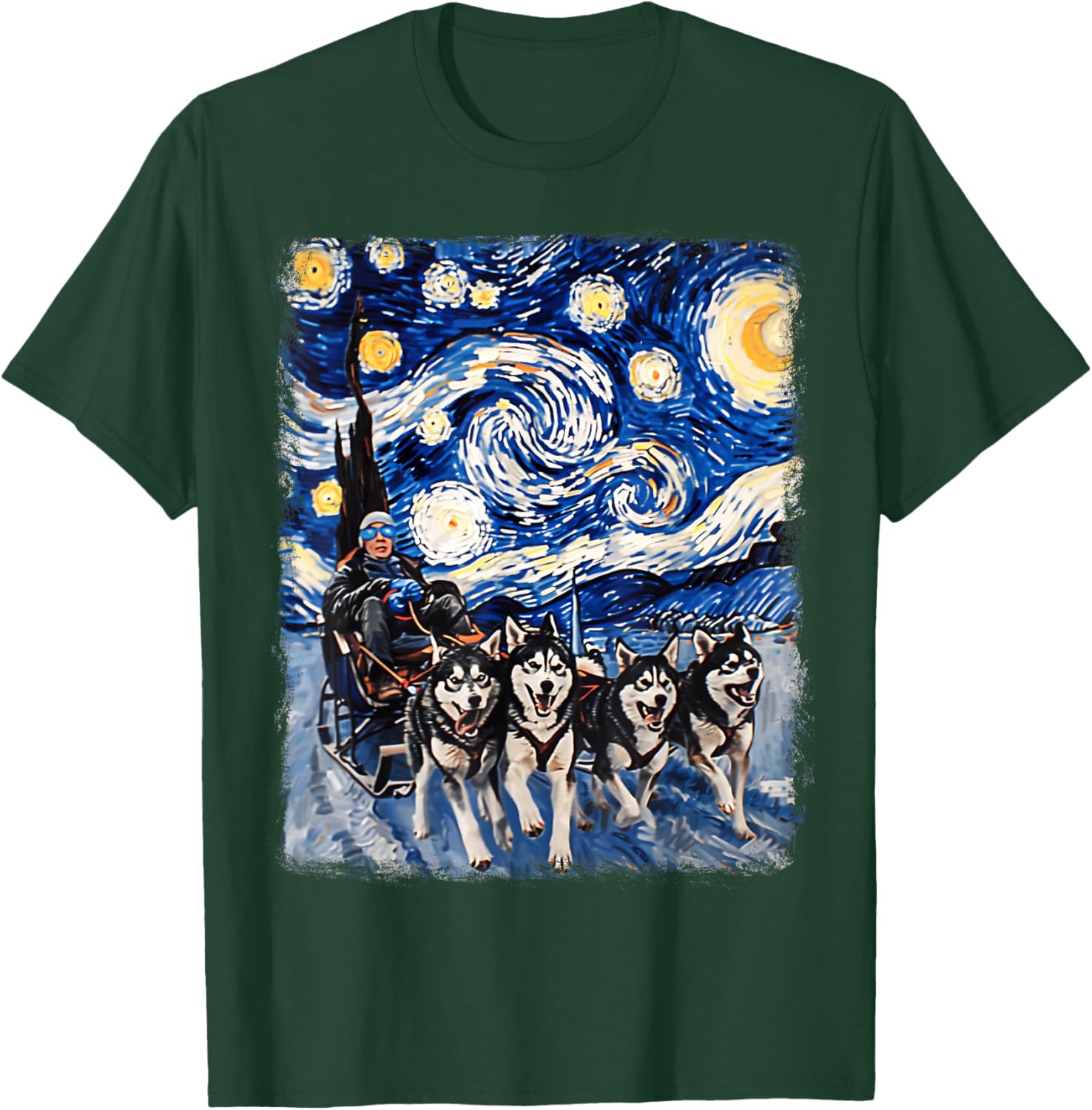 Mushing Sled Dog Siberian Husky Starry Night Painting T-Shirt - T-Shirt | Forest