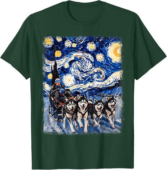 Mushing Sled Dog Siberian Husky Starry Night Painting T-Shirt - T-Shirt | Forest