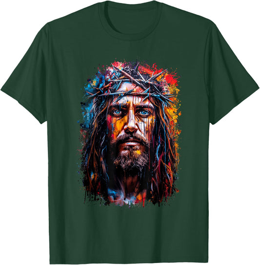 Graffiti-Style Portrait: Jesus Christ Crowned with Thorns T-Shirt - T-Shirt | Forest