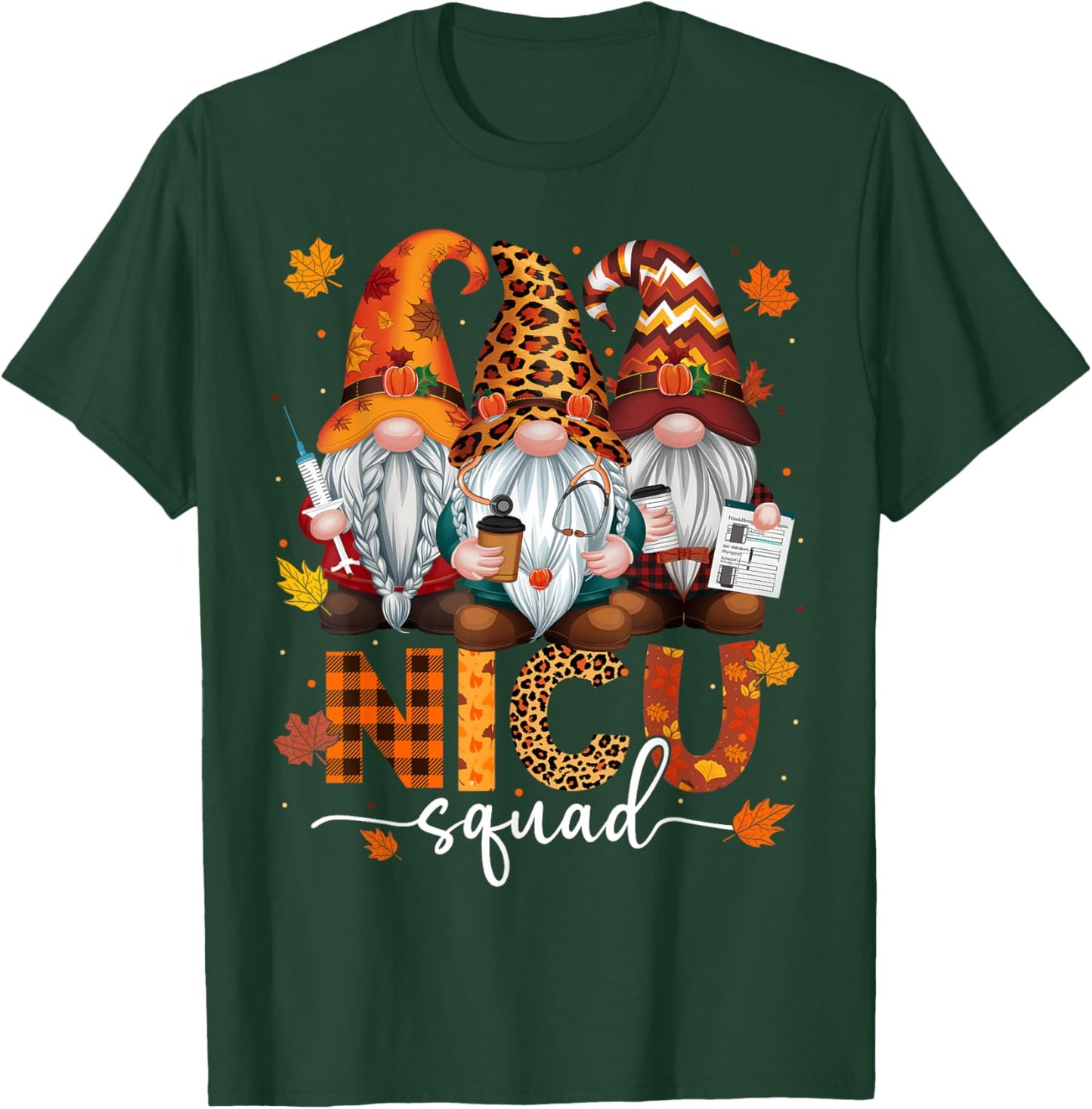 NICU Squad Gnome Nurse Leopard Thanksgiving Stethoscope T-Shirt - T-Shirt | Forest