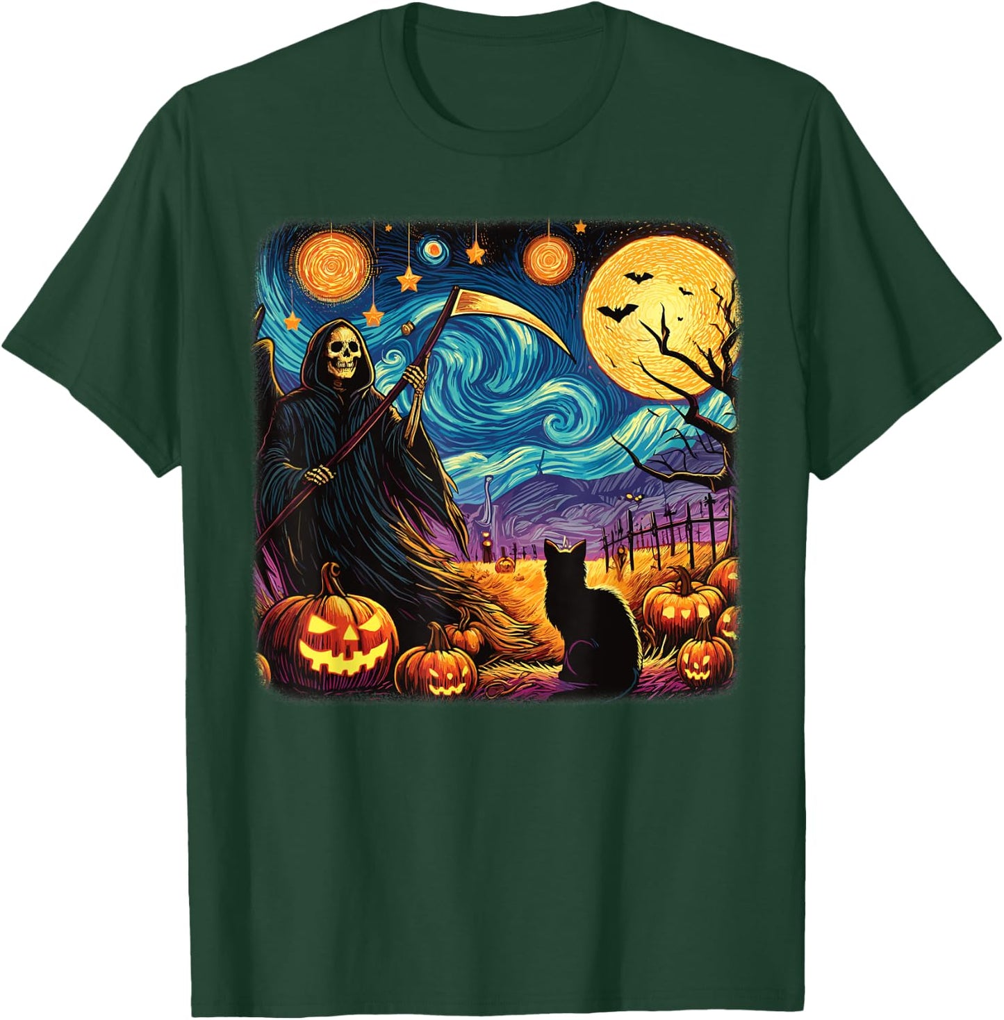 Halloween Van Gogh Starry Night Grim Reaper Pumpkins Cats T-Shirt - T-Shirt | Forest