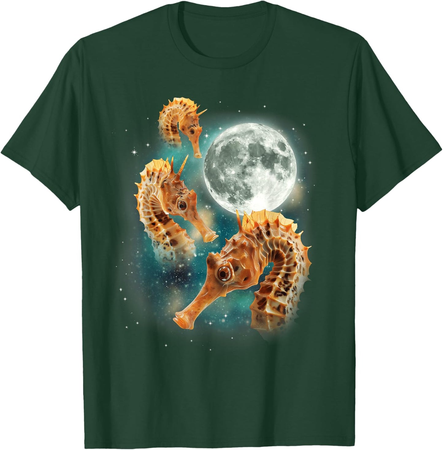 Three Seahorses Moon | 3 Cute Ocean Marine Animal Sea Horse T-Shirt - T-Shirt | Forest