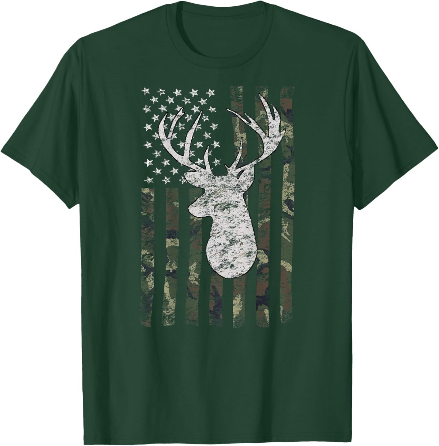 Deer Hunting American Flag Camo Buck Silhouette (on Back) Kids Men T-Shirt - T-Shirt | Forest