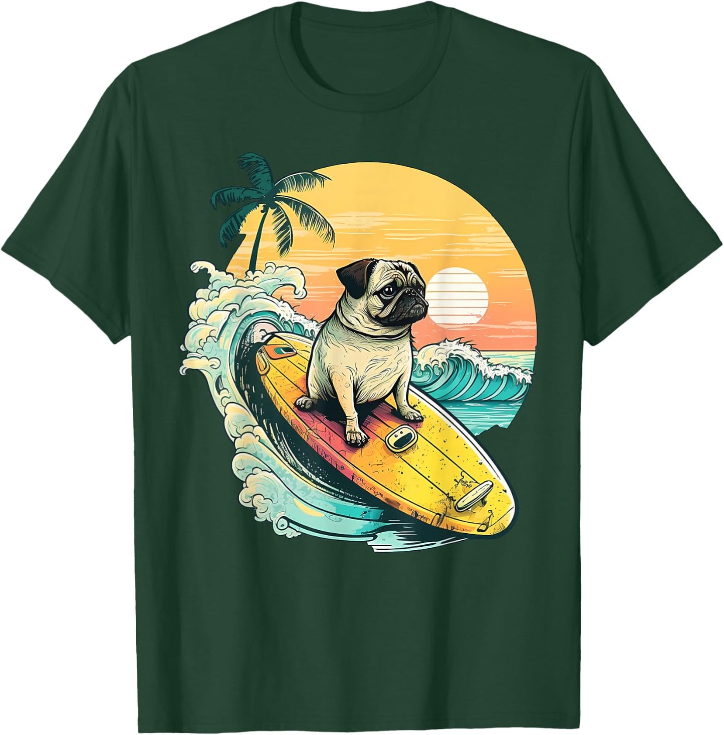 Funny Surfing Pug On Beach Pet Lover Vacation Summer T-Shirt - T-Shirt | Forest