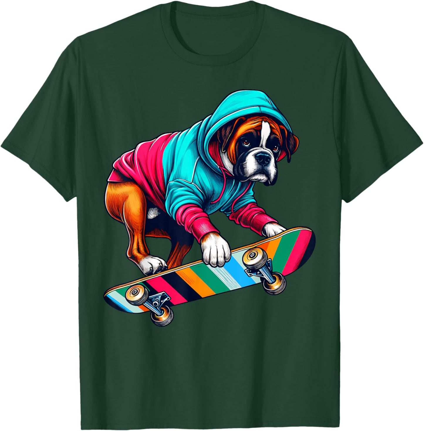 Cool Boxer Dog Skateboarding Illustration Art T-Shirt - T-Shirt | Forest